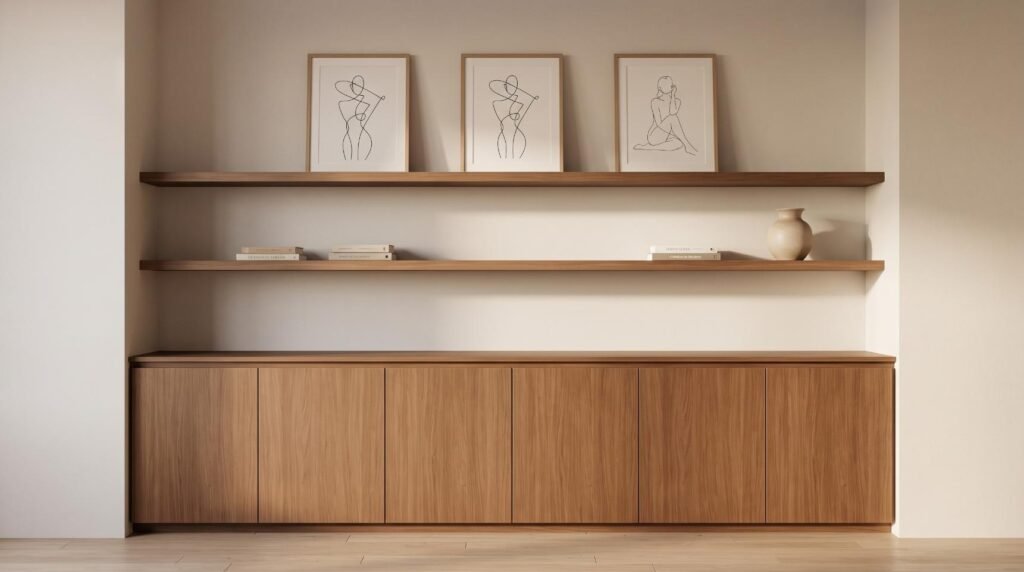 Balanced living room storage following the 70/30 rule with closed cabinets and open styled shelves.