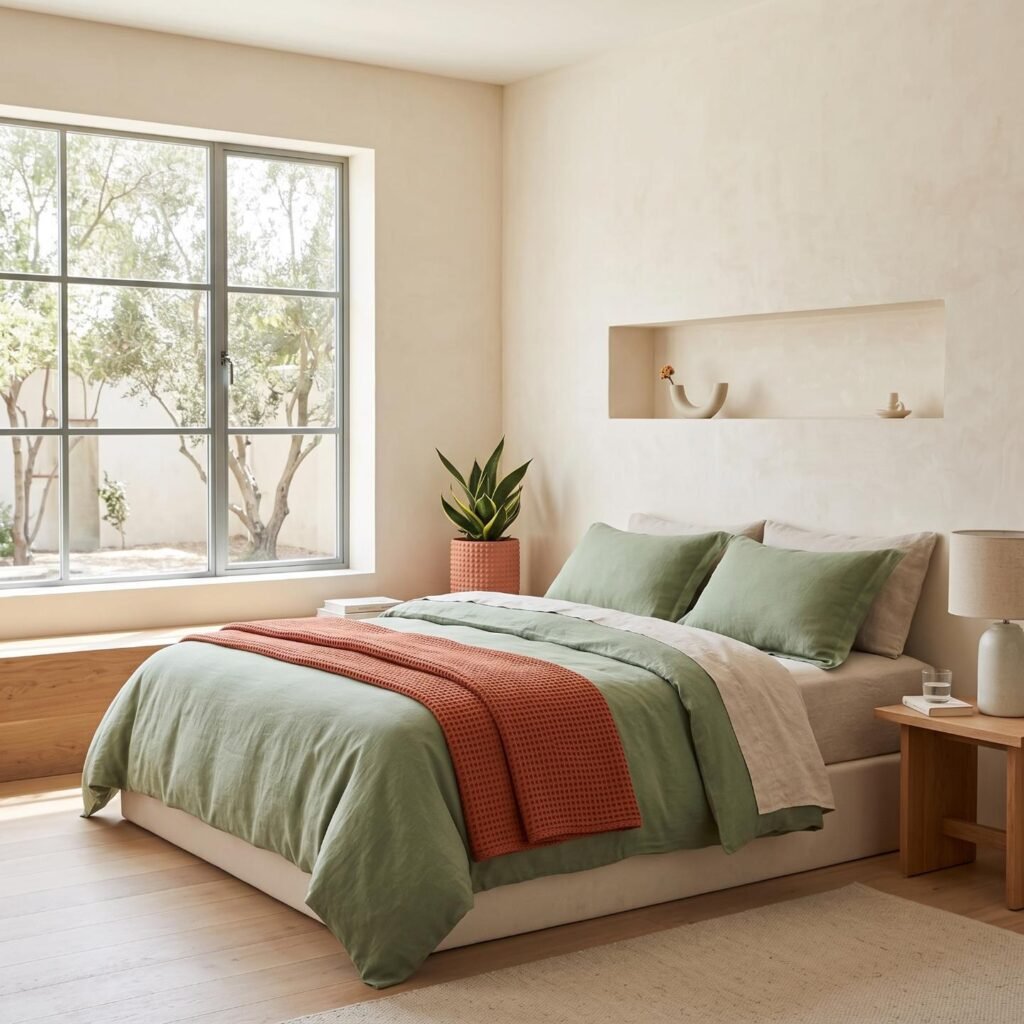 60-30-10 earthy bedroom color palette featuring warm cream walls, sage green linen bedding, and terracotta accents.