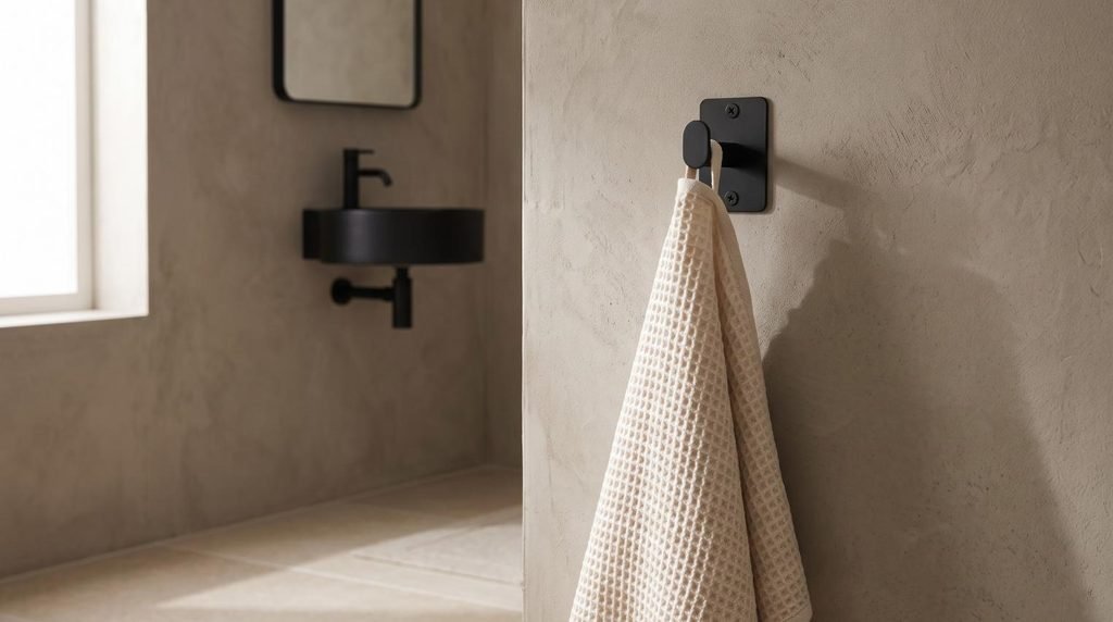 Warm micro-cement bathroom wall with KLJKPA matte black robe hook holding a cream waffle towel.