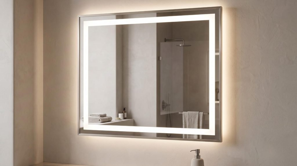 AWANDEE 28x36 inch brushed nickel dual lit LED bathroom mirror showing front and back lighting.