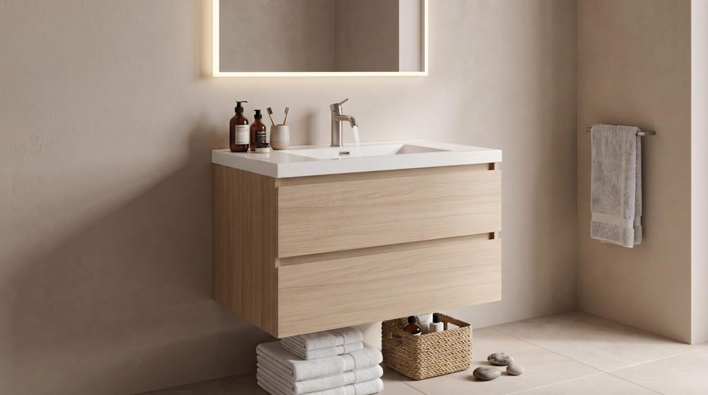 Cosmo Sand 24-inch wall mounted floating vanity in a compact bathroom with clear floor sightlines.
