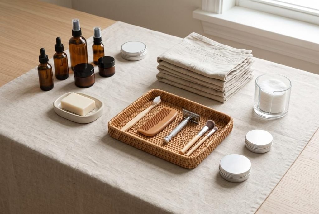 Categorized bathroom audit showing decluttered skincare bottles and toiletries sorted on a wooden table.