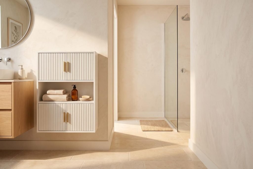 Small bathroom layout demonstrating 30-inch walkway clearance and open floor space around a storage cabinet.