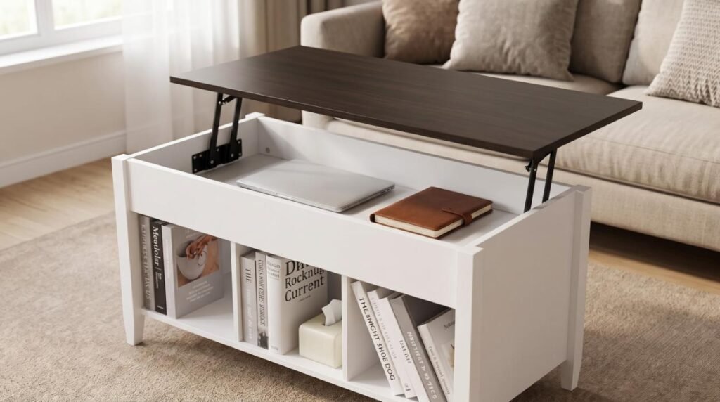 VINGLI lift-top coffee table with hidden interior storage compartment in a living room.