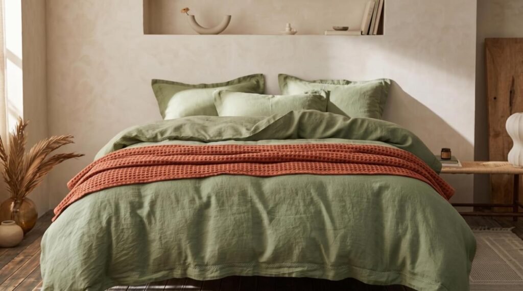 Layered sage green washed linen duvet set paired with a burnt orange waffle weave throw blanket.