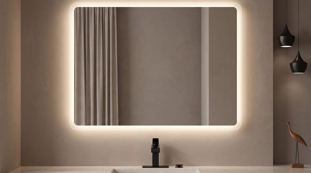 VanPokins 24x32 inch LED backlit bathroom vanity mirror over a matte black faucet.