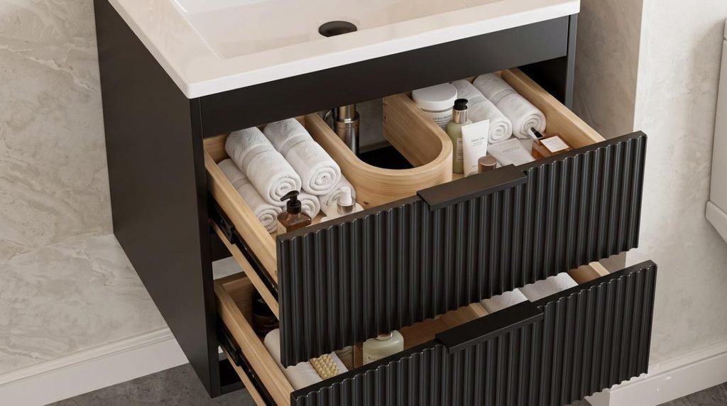 24-inch modern black floating vanity with open double drawers showing internal storage organization.