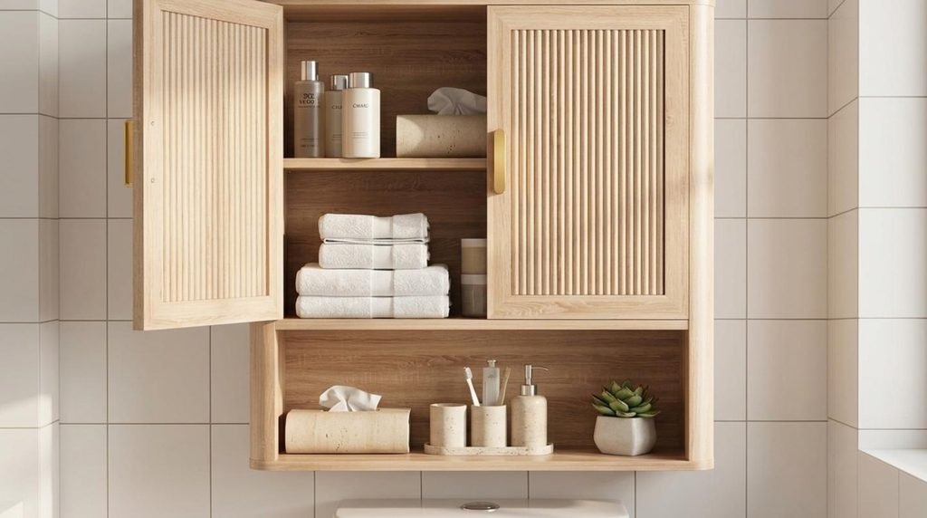 INNOD oak wall storage cabinet with fluted doors mounted above a toilet.