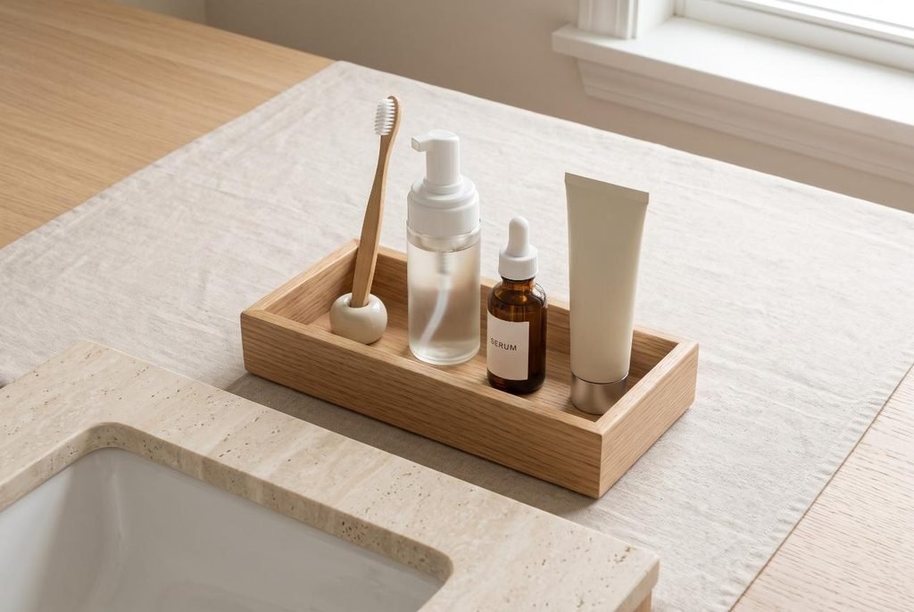 Compact wooden vanity caddy holding daily morning essentials on a bathroom counter.