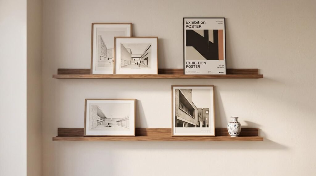 AZSKY solid walnut floating picture ledge shelves holding framed art prints on a living room wall.