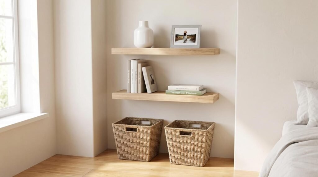 Natural oak floating wall shelves styled above woven seagrass storage baskets in an earthy bedroom.