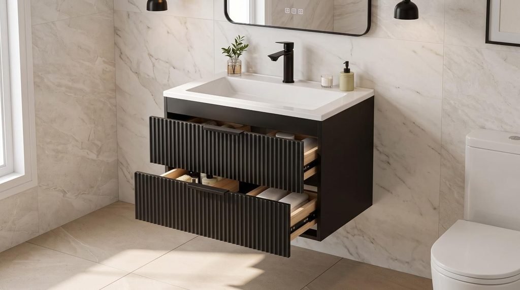 24-inch modern wall mounted floating vanity in matte black with white integrated sink.
