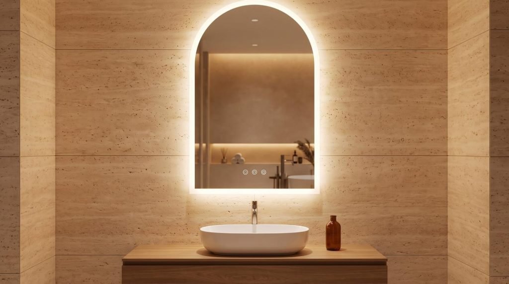 OUMUSU 24x36 inch arched LED lighted bathroom mirror with warm glow in a spa bathroom.