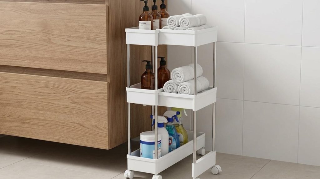 SPACEKEEPER 4-tier slim white rolling storage cart sliding between a bathroom vanity and wall.
