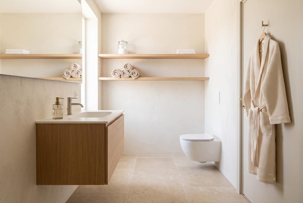 Organized small bathroom showing functional 5-zone storage layout with clear countertop and wall shelves.
