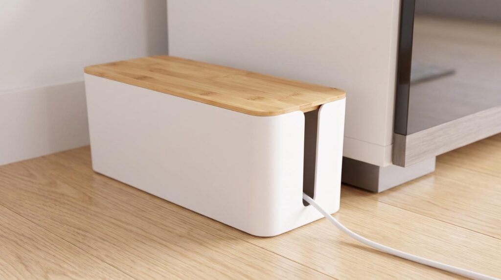 Large white cable management box with bamboo lid concealing power strip and cords.