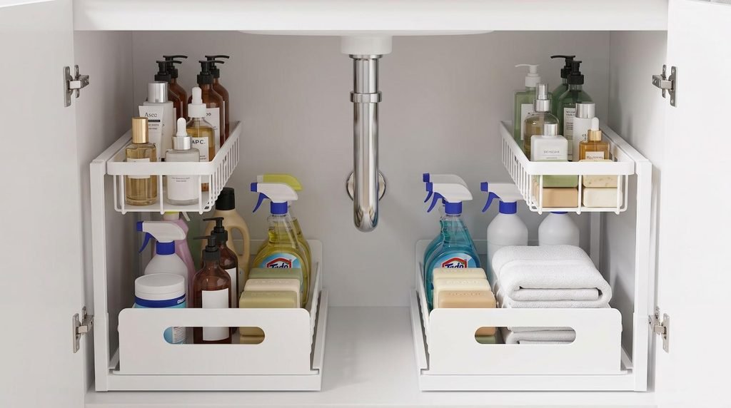 REALINN L-shaped 2-tier pull out under sink organizer navigating bathroom plumbing pipes.