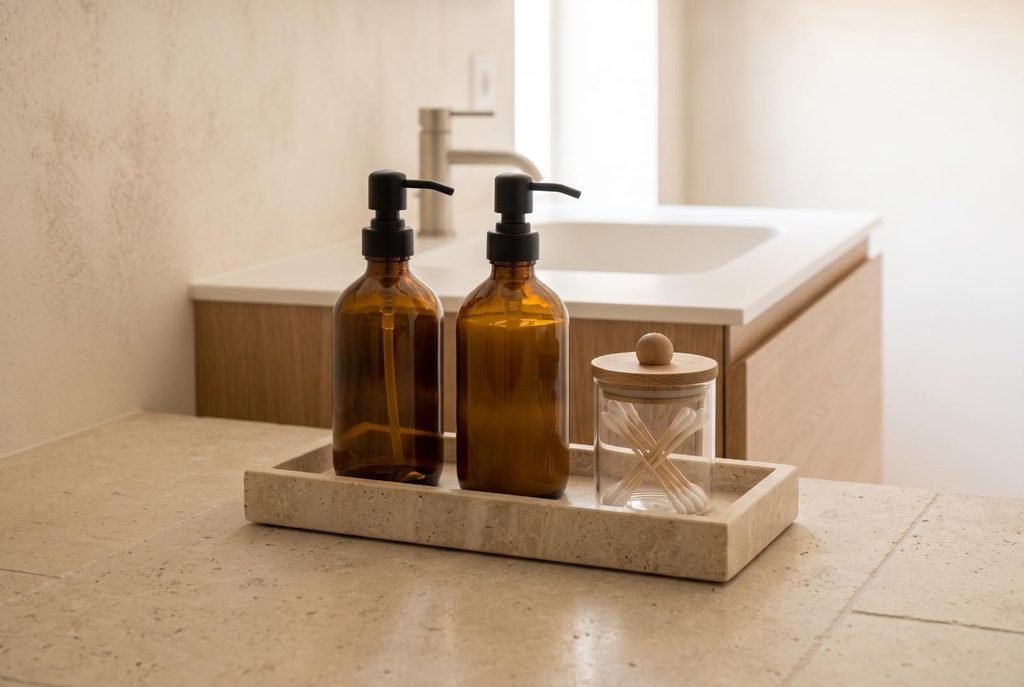 Minimalist stone tray with amber glass soap bottles and cotton swab jar on a bathroom vanity.