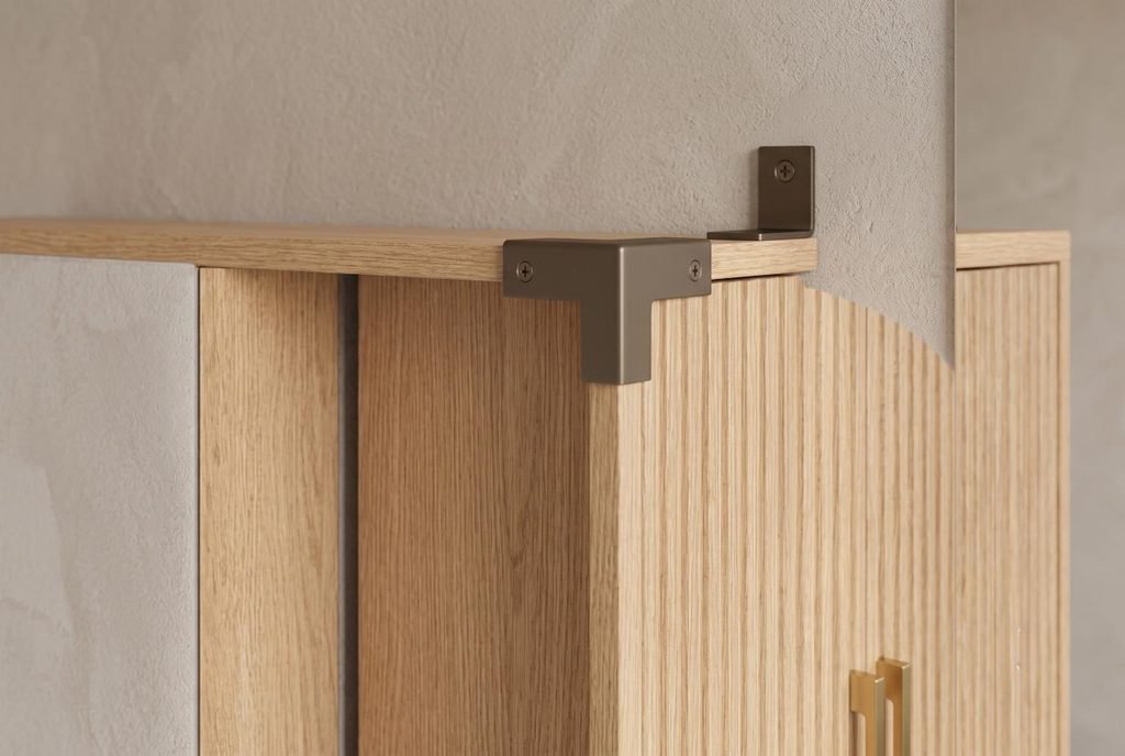 Tall white bathroom cabinet securely anchored to a wall stud with a subtle rear airflow gap.