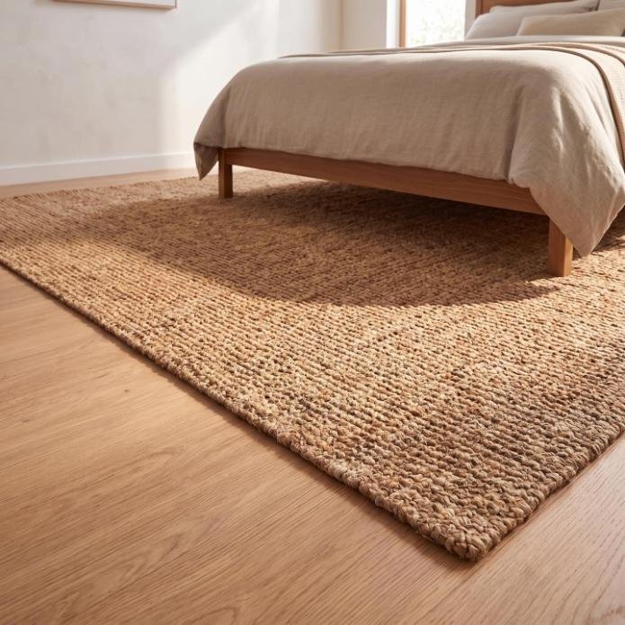 Chunky handwoven natural jute area rug placed underneath a wooden bed frame on hardwood flooring.