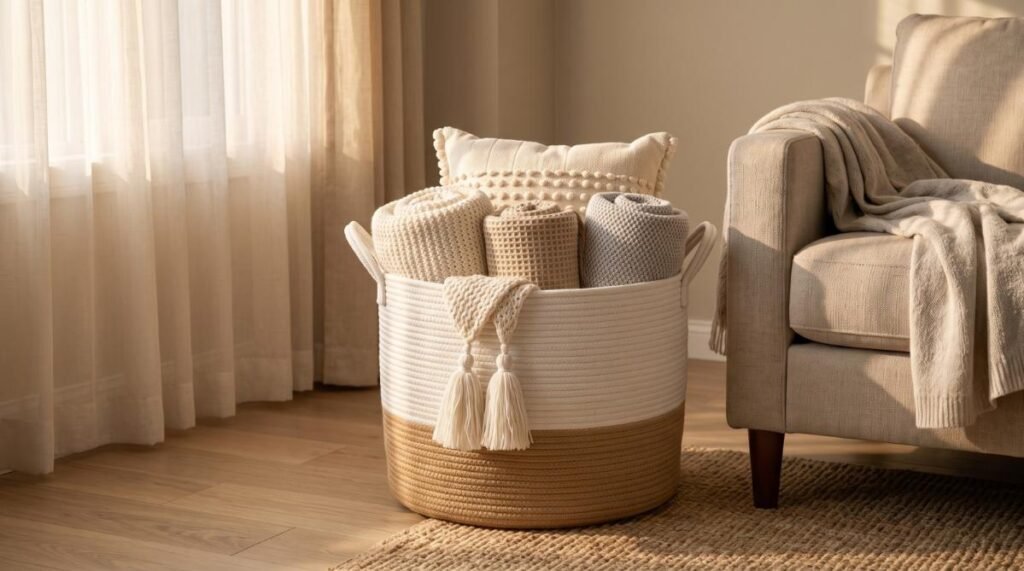 KAKAMAY large woven cotton rope blanket basket with tassels holding living room throws.