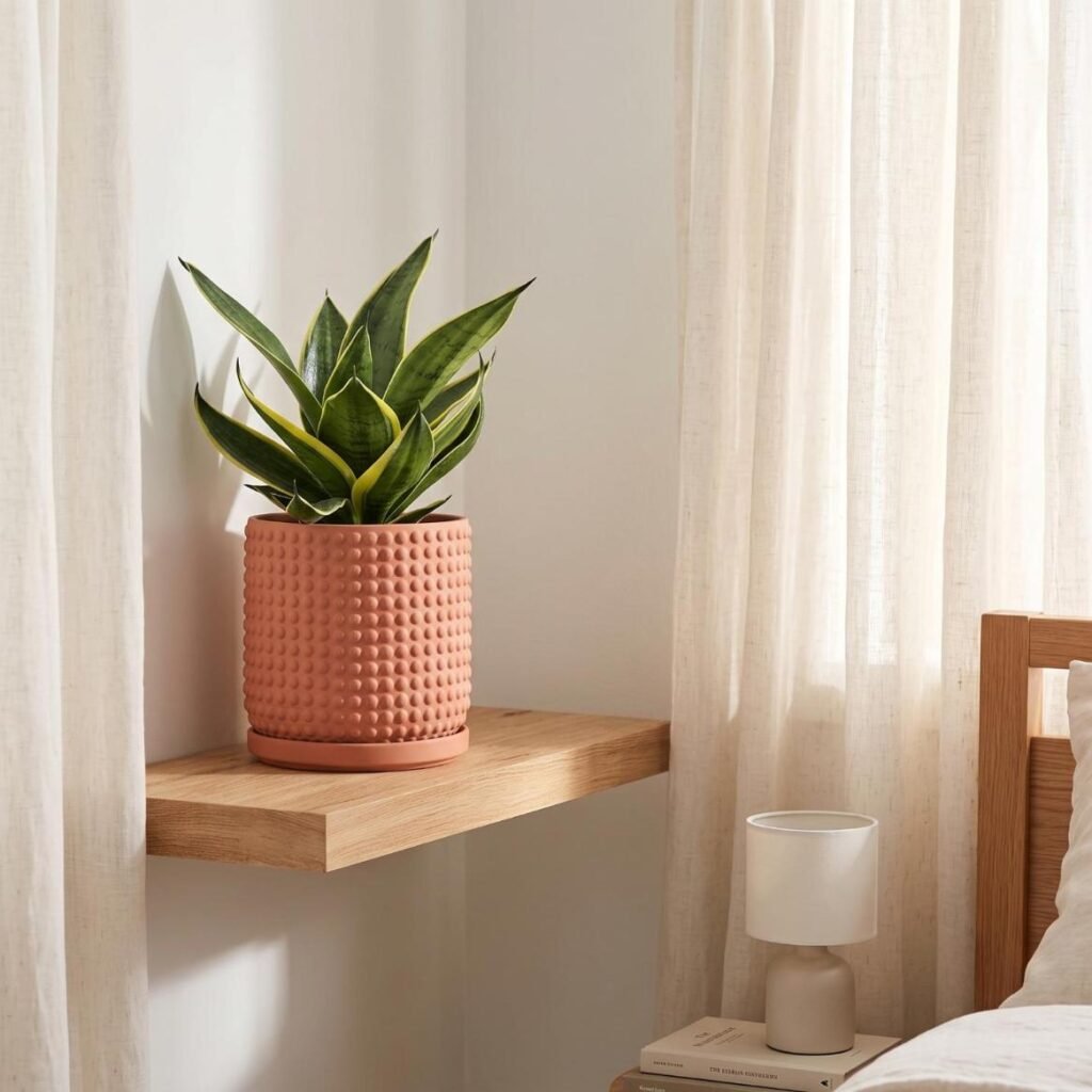Green indoor houseplant potted in a beaded terracotta clay pot with saucer on a wooden shelf.