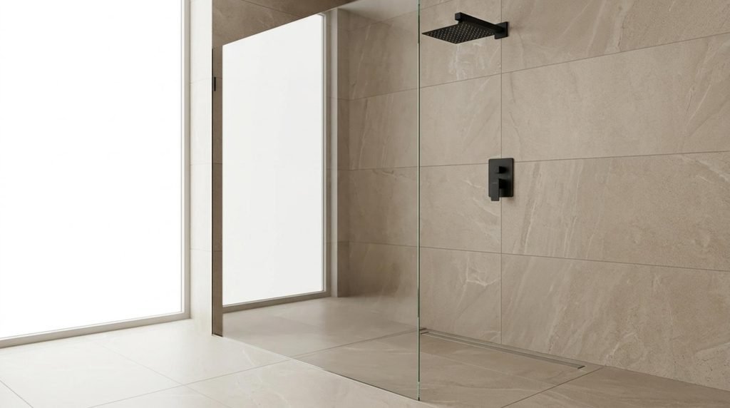 Frameless walk-in shower with KOJOX matte black rainfall showerhead and linear floor drain.