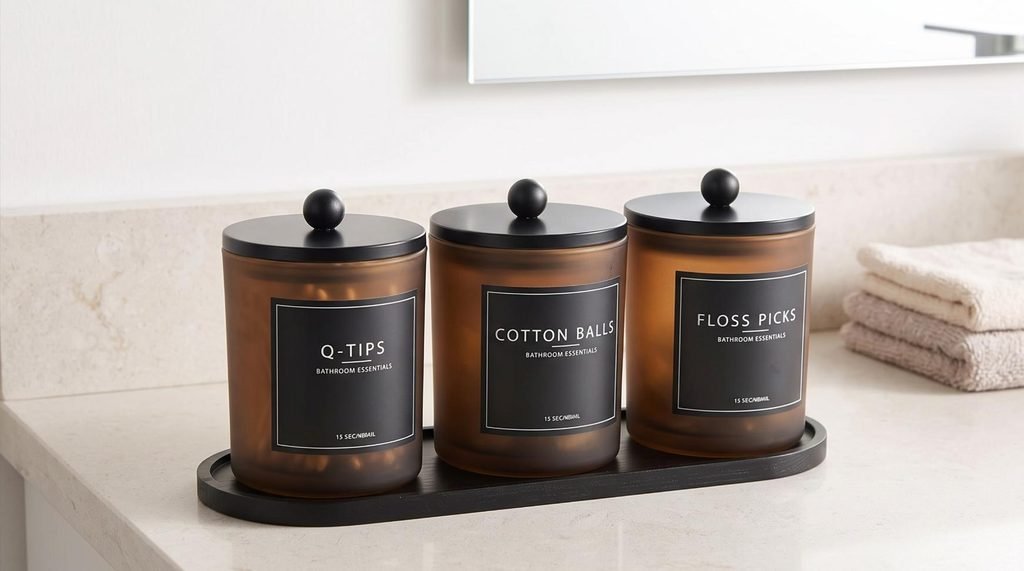 3-pack amber glass apothecary jars with matte black lids and wooden tray on a bathroom vanity.