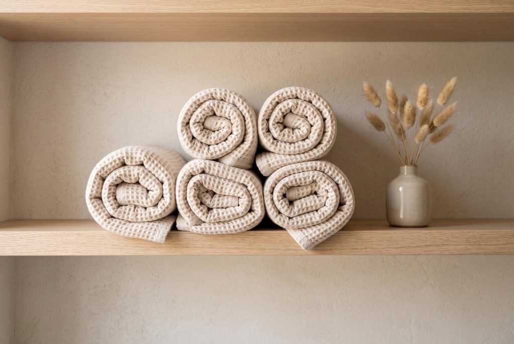 Natural wood wall shelf holding neatly rolled cream waffle bath towels in a small bathroom.