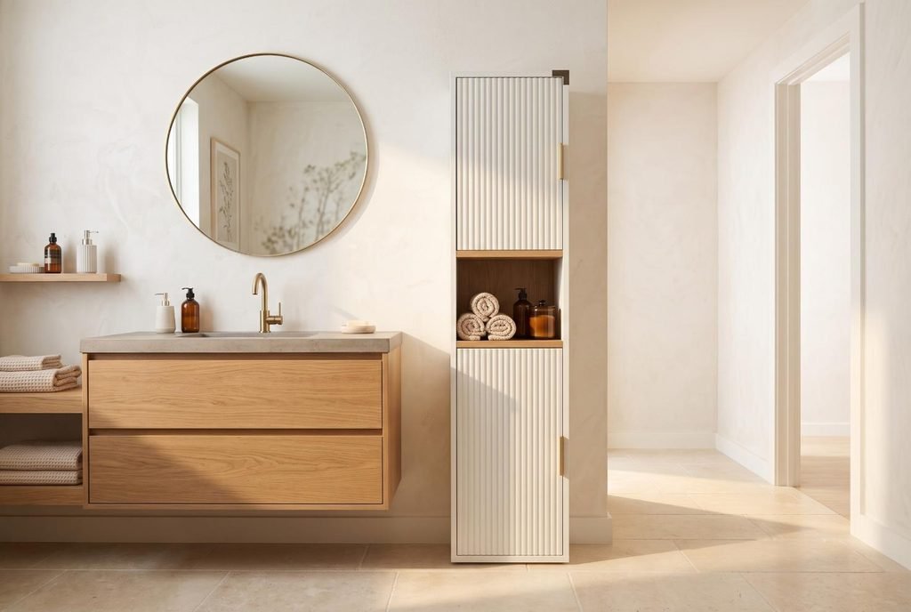Slim vertical bathroom linen tower standing in the narrow gap beside a floating vanity.