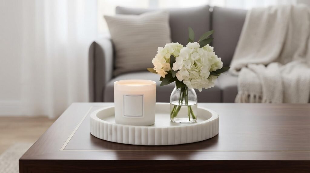 Blessings handcrafted round fluted stone catchall centerpiece tray on a coffee table.
