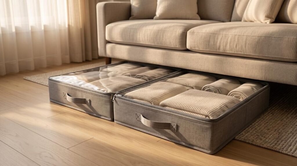 Lifewit low-profile under-sofa fabric storage containers with clear windows.