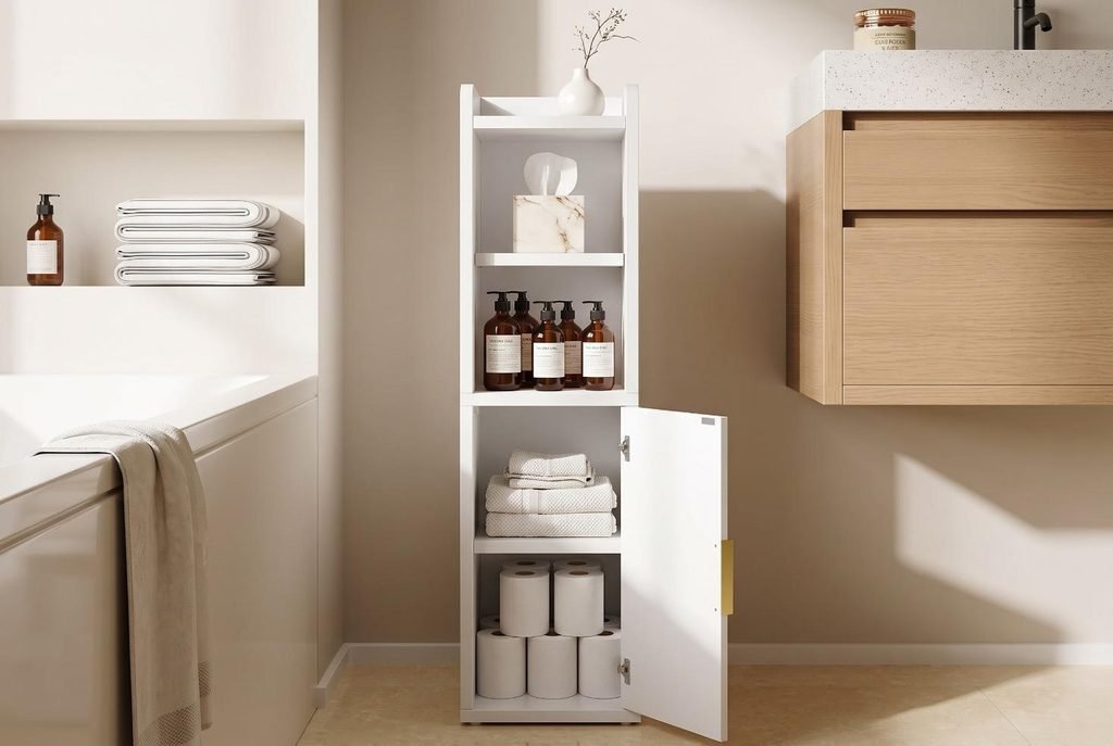 Yoobure fluted narrow bathroom storage cabinet with open door showing organized toiletries.