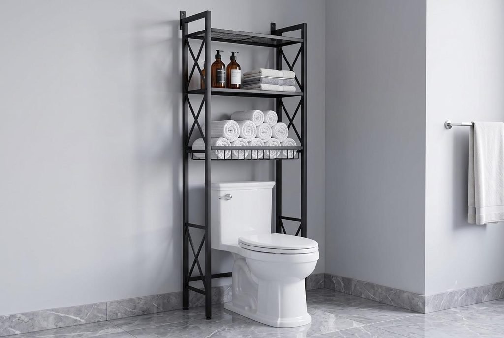 Kalrin 3-tier matte black over the toilet storage rack with deep wire basket in a modern bathroom.