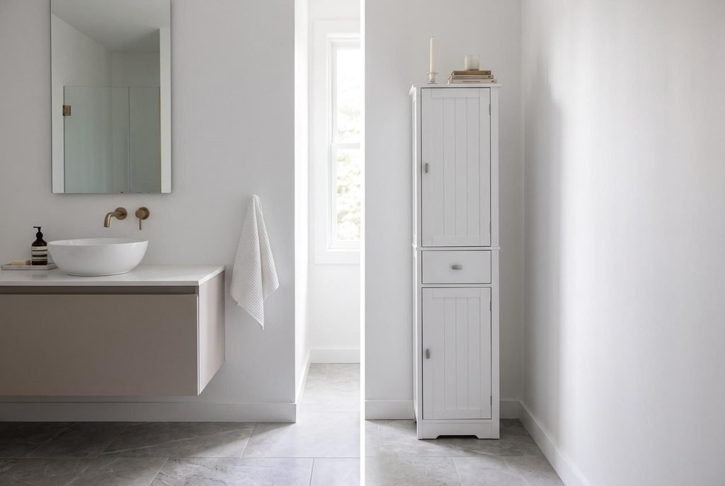 Akxomel 67 inch narrow tall white bathroom linen cabinet standing in a compact bathroom.