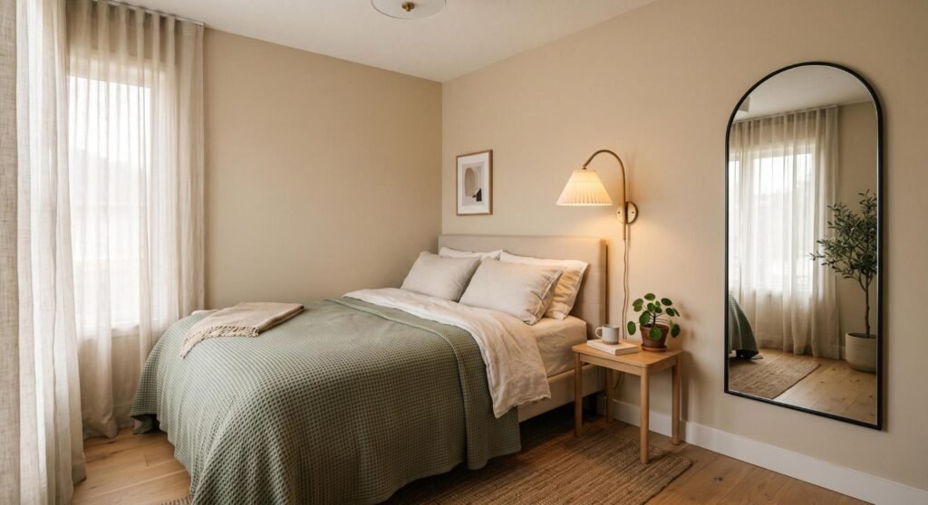 Styled small bedroom with warm lighting, sage green bedding, and a wall-mounted bedside light
