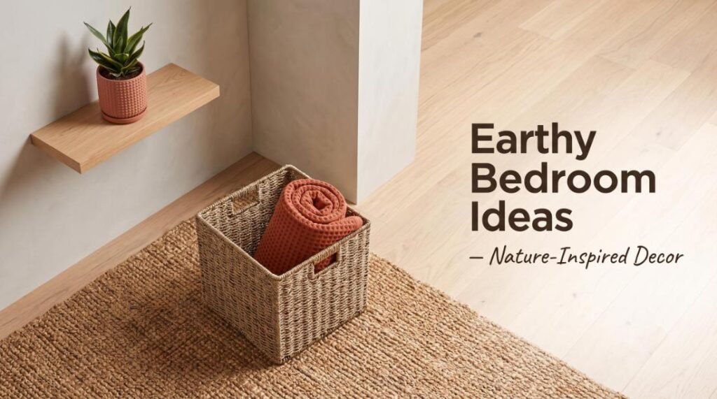 Cozy modern earthy bedroom styled with sage green linen bedding, burnt orange waffle throw, natural oak shelves, and a chunky jute area rug