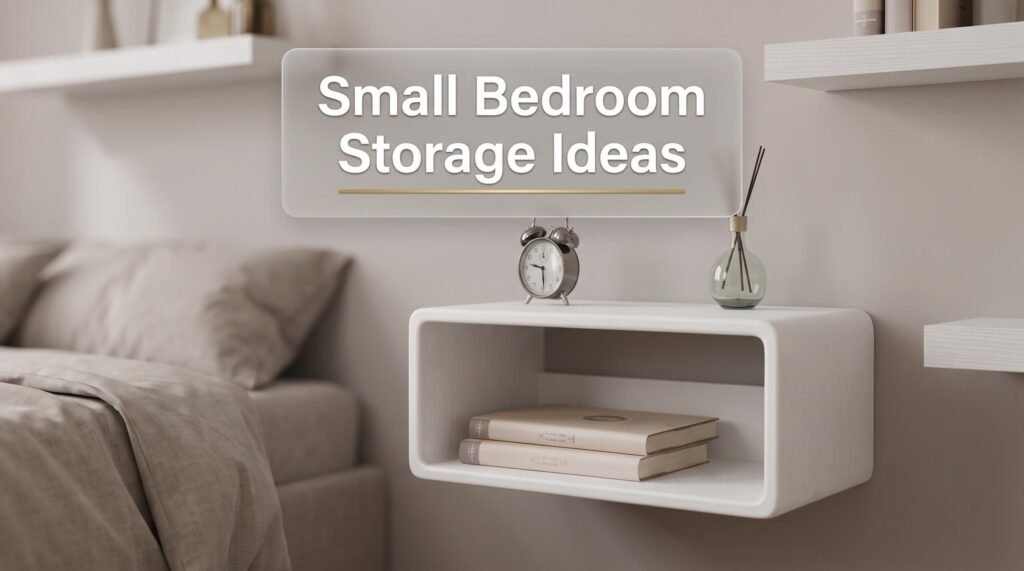 Organized small bedroom layout featuring a white floating nightstand, under-bed rolling storage bins, floating wall shelves, and an upholstered storage bench