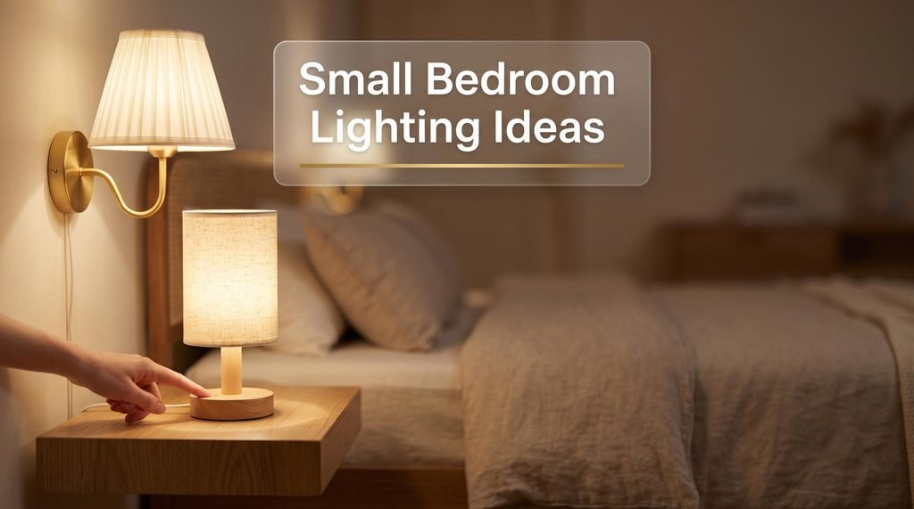Cozy modern small bedroom styled with warm plug-in swing-arm sconces, semi-flush drum ceiling light, and ambient headboard backlighting