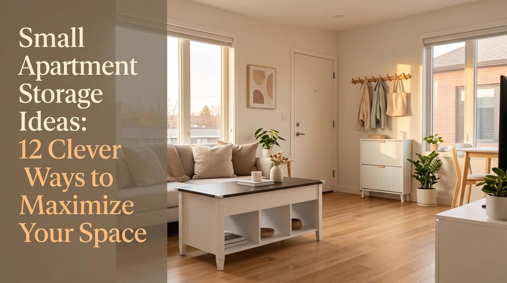 Modern organized small apartment living room featuring a lift-top coffee table, slim entryway shoe cabinet, and vertical storage shelving