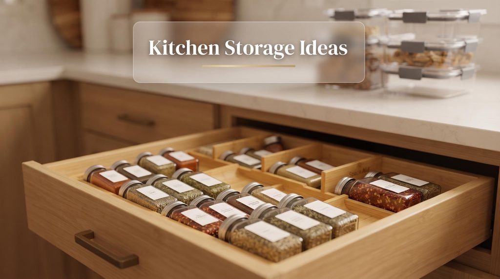 Modern organized kitchen with bamboo drawer dividers, expandable shelf risers in cabinets, and airtight pantry containers