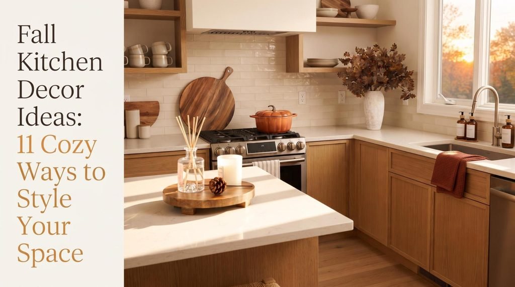 Modern cozy fall kitchen with acacia wood pedestal tray, amber soap dispensers, layered cutting boards, and an enameled pumpkin Dutch oven