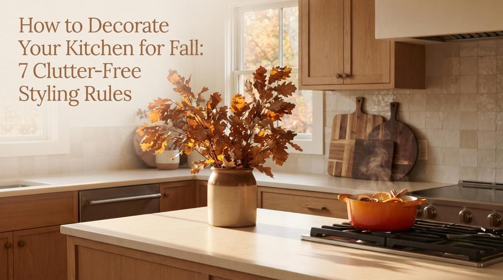 Beautifully styled autumn kitchen featuring layered wooden cutting boards, foraged oak branches in a ceramic vase, and fresh heirloom pumpkins on a counter