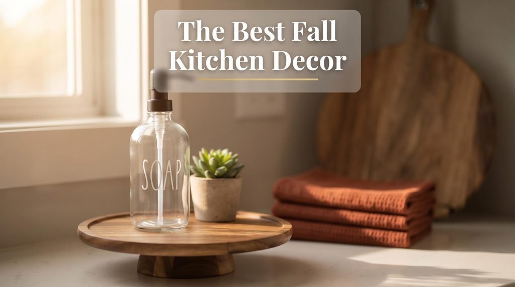Curated collection of the best fall kitchen decor items including an acacia pedestal tray, pumpkin Dutch oven, and amber soap dispensers