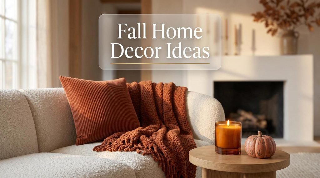 Beautifully styled autumn living room with terracotta corduroy pillows, chunky knit throw, brass candlesticks, and a fall wreath