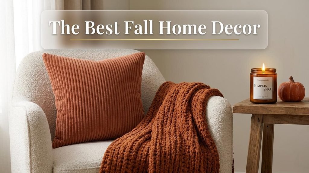 Curated collection of the best fall home decor finds on Amazon including corduroy pillows, chunky knit blanket, and brass candle holders