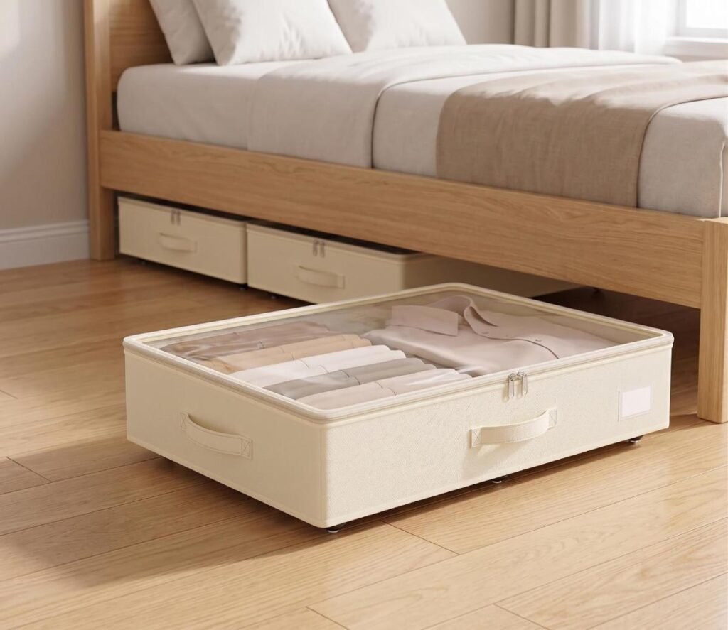 Low-profile beige rolling under-bed storage bin with wheels pulled out from beneath a bed frame.
