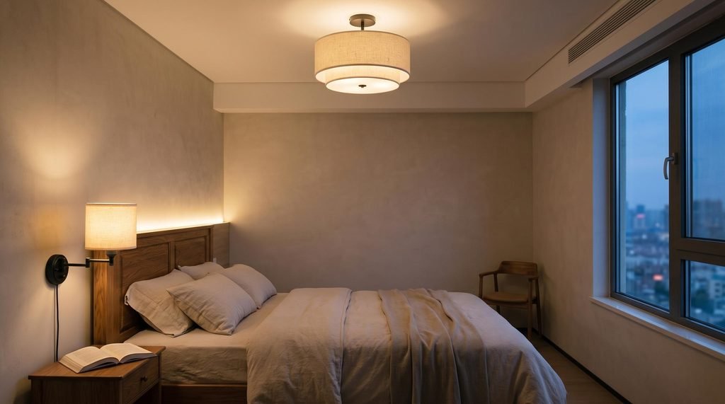3-layer bedroom lighting layout showing ambient ceiling light, task wall sconces, and indirect headboard backlighting.