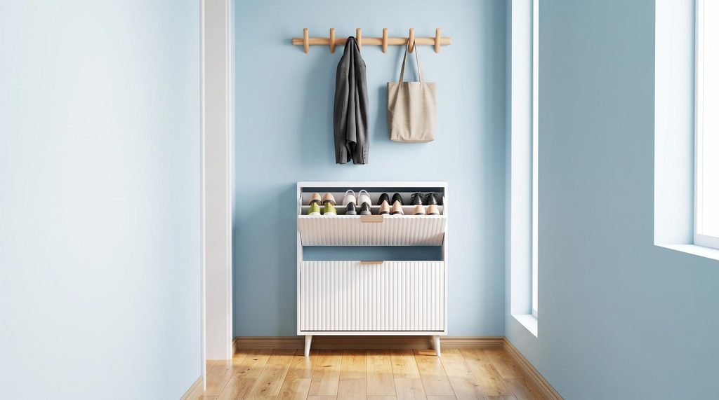 Slim white drop-down shoe cabinet and wall-mounted wood peg rack in a small apartment entryway.