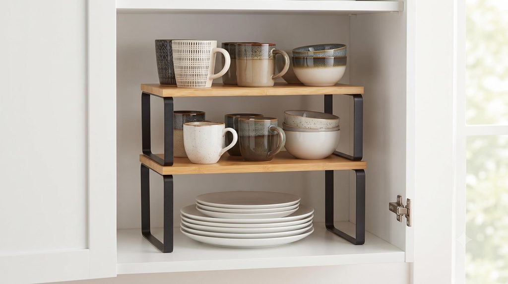 Bamboo and black metal stackable shelf risers organizing dinnerware inside an upper kitchen cabinet.